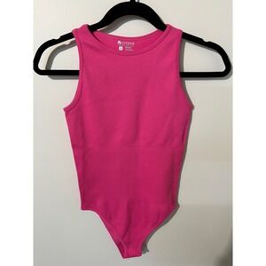 QQQ Womens Ribbed Knit Bodysuit Hot Pink Sleeveless Crew Neck Snap Closure Small